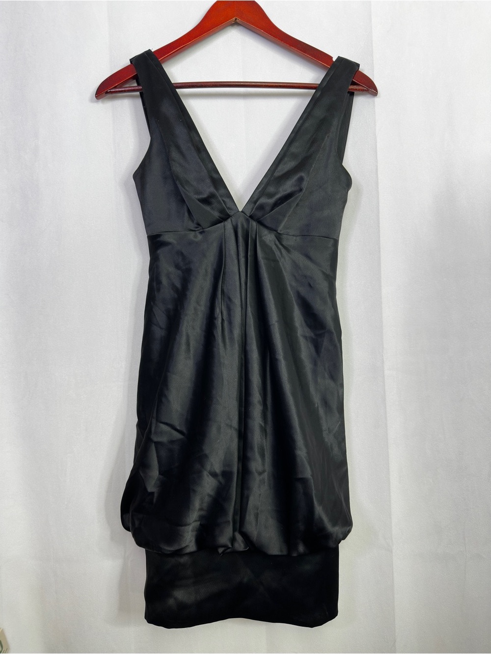 A.B.S. Satin Bubble Mini Dress Black Cocktail Luxury Drape 0 Womens V-Neck Slip
